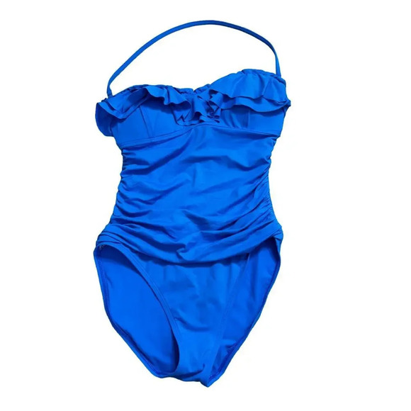 La Blanca Island Goddess Ruched Front Bandeau One Swimsuit Royal Blue Sz 8 - Picture 2 of 9